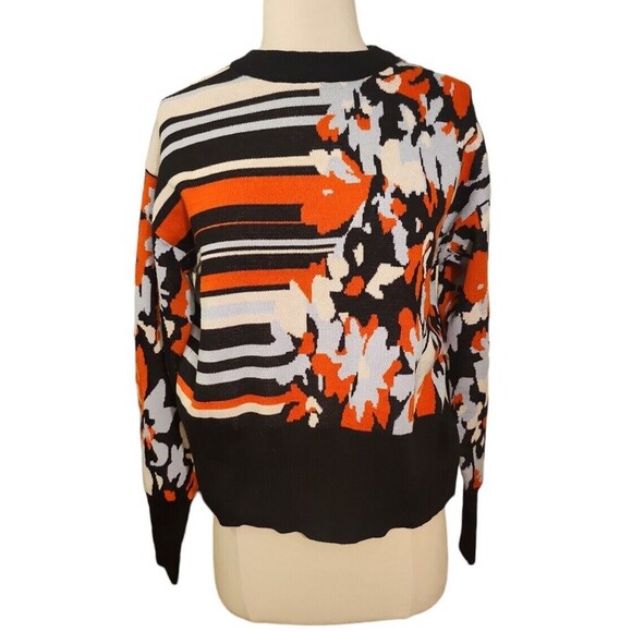 Nine West Sweater Womens Medium Artsy Floral Stripe Stretch Knit Cotton Crewneck - Picture 2 of 10